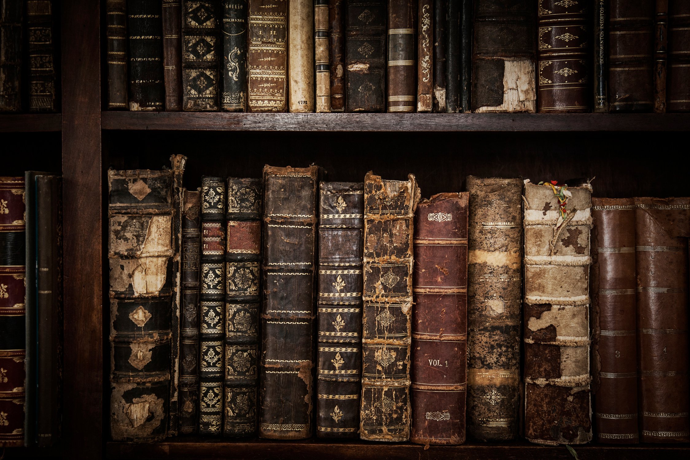 Old and antique books on the shelf